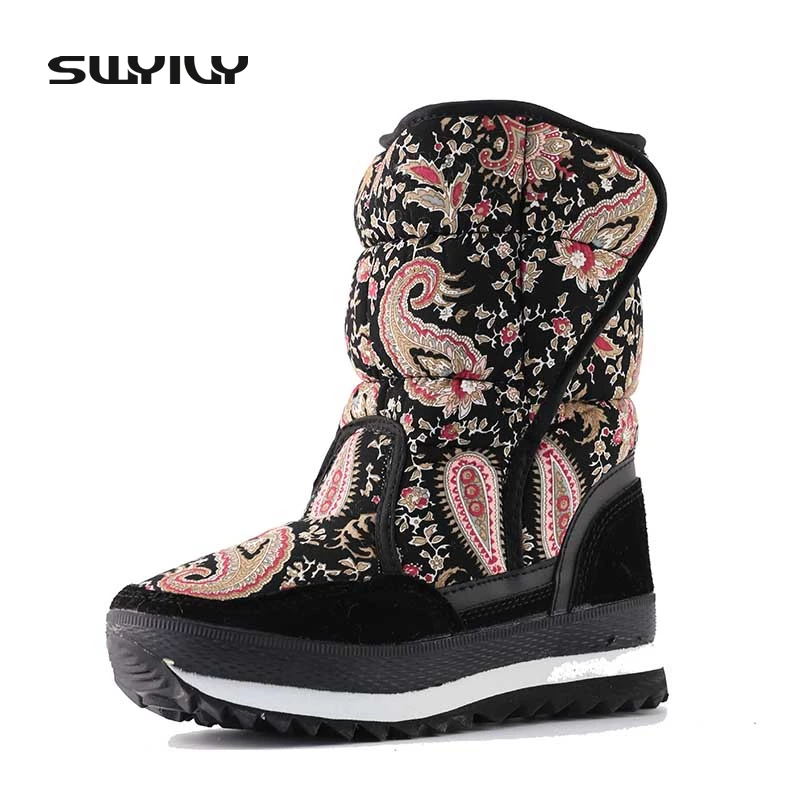 41 Black Frower Print Winter Boots Woman 2017 hook-loop Velvet Non-slip Waterproof Snow Boots Female Fashion Cottons Shoes Flat
