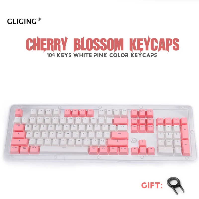 

104 Key PBT Keycaps Cherry Vlossom Theme Top Printed Keys Caps Set for for Gaming Mechanical Keyboard