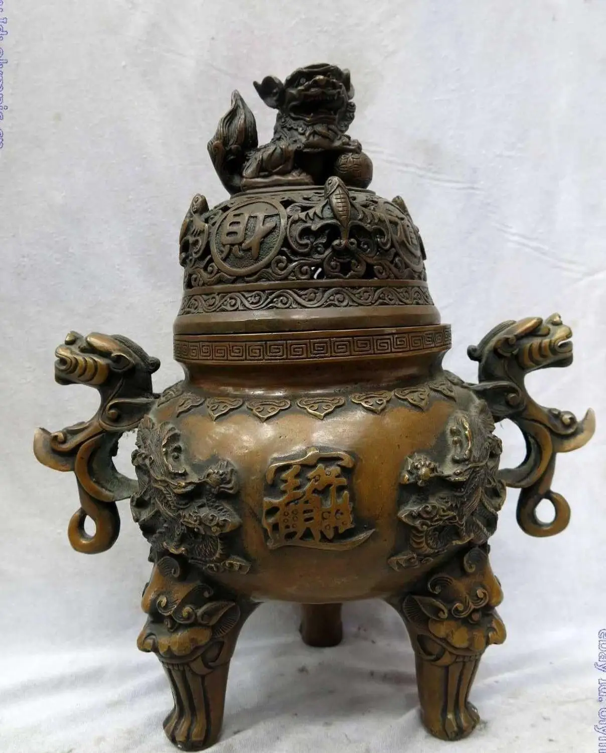 

12" China brass fine bat Foo Dogs Lion Dragon censer Incense Burner Statue