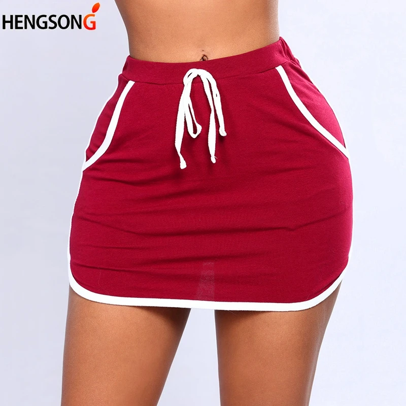 

2018 Summer Ladies Sexy Skirt White Sides Swearpants High Elastic Waist Short Skirts Women Joggers Fitness Skirt With Pockets