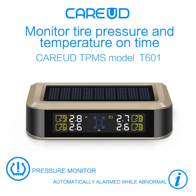 solar power supply TPMS car tire pressure monitoring system with 4 internal sensors PSI/BAR measurement High quality CAREUD 601 tp630 tpms car smart bluetooth tpms tire pressure psi bar temperature alarm system for android for ios 4 sensors