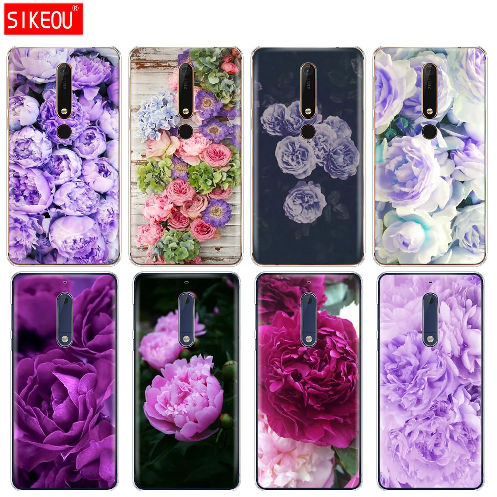 

silicone cover phone case for Nokia 5 3 6 7 PLUS 8 9 /Nokia 6.1 5.1 3.1 2.1 6 2018 purple Summer peonies flowers peony Fashion