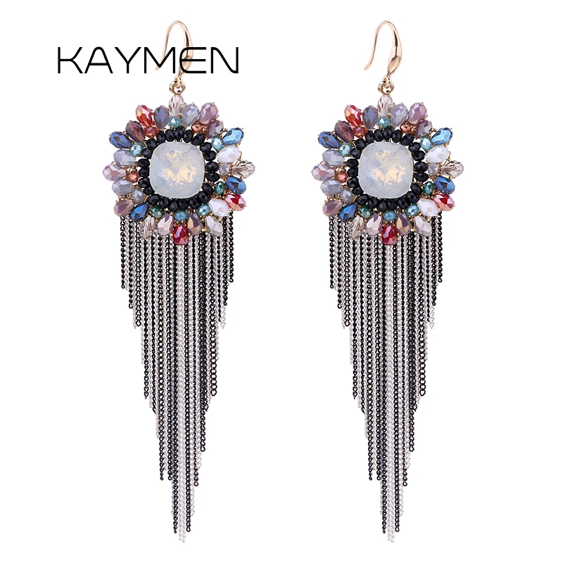 

KAYMEN Fashion New Crystals Flower Whit Chains Tassels Earrings for Women Bohemian Style Long Chains Drop Earrings Wedding