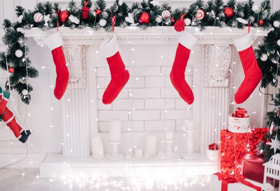 

Laeacco Photography Backdrops Christmas Light Bulb Gray Fireplace Lollipop Sock Gift Candle Child Photo Backgrounds Photo Studio