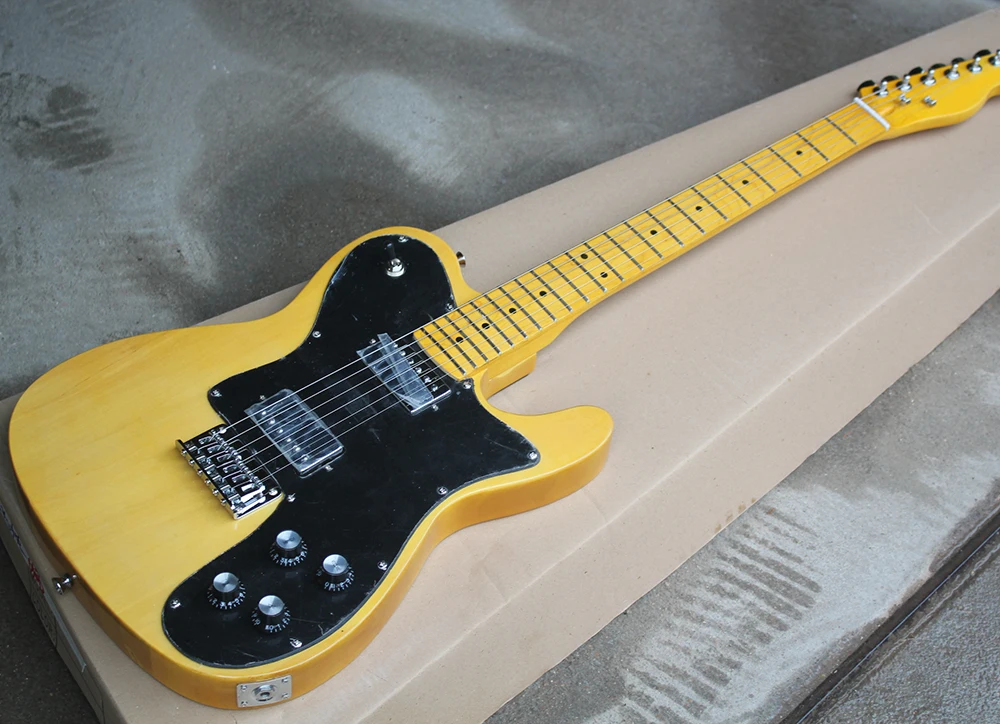 

Factory Yellow Electric Guitar with HH Pickgups,Black Pickguard,Yellow Maple Fretboard,String-Thru-Body,Can be customized
