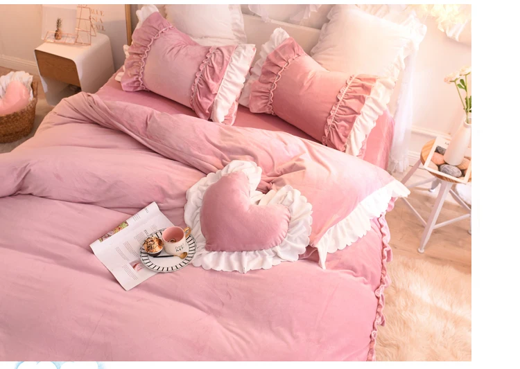 Розовый комплект постельного белья, роскошный комплект постельного белья для королевы и близнецов, бархатный теплый пододеяльник, комплект покрывало, наволочка, комплекты постельного белья для девочек, стиль принцессы