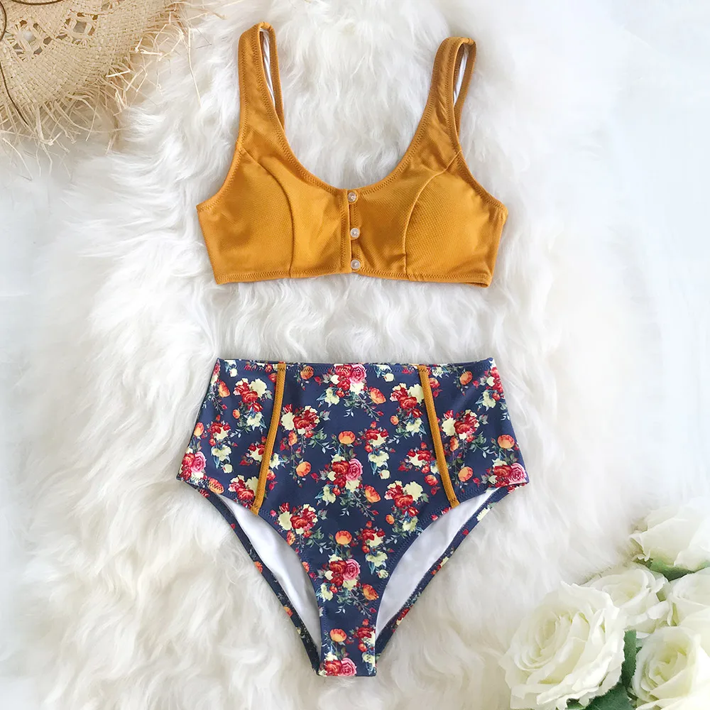 FREE SHIPPING Sexy Caramel Buttons High-waist Floral Bikini Swimsuit ...