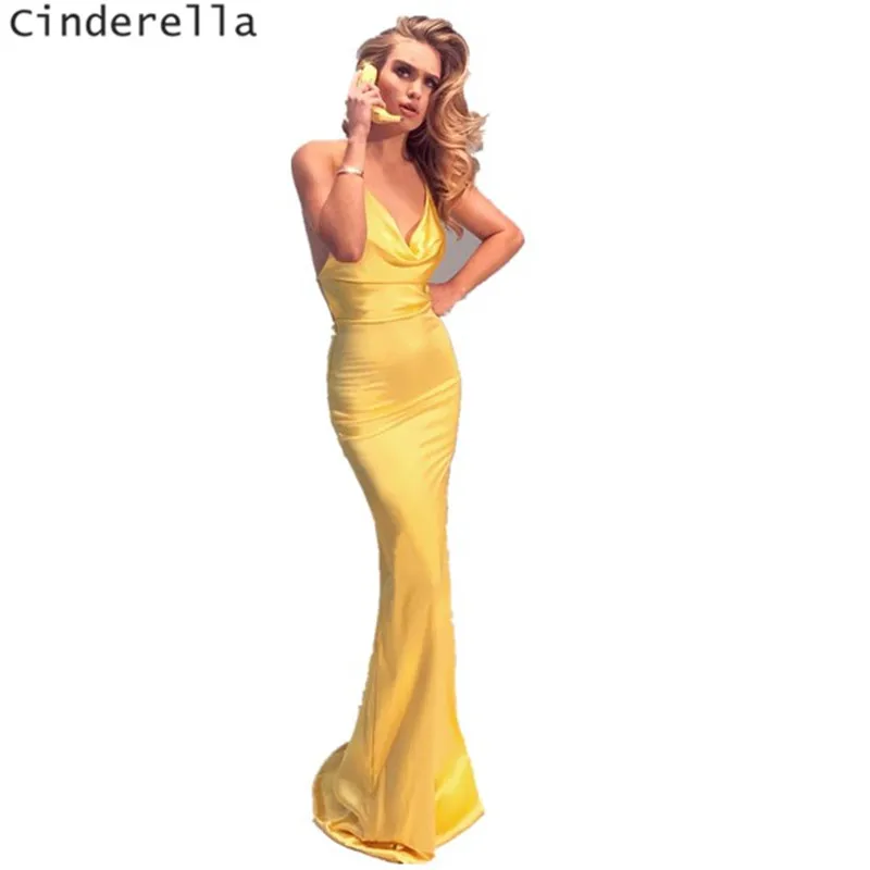 

Cinderella V-Neck Spaghetti Straps Backless Mermaid Silk Satin Evening Dresses Open Back Sweep Train Button Back Evening Dresses