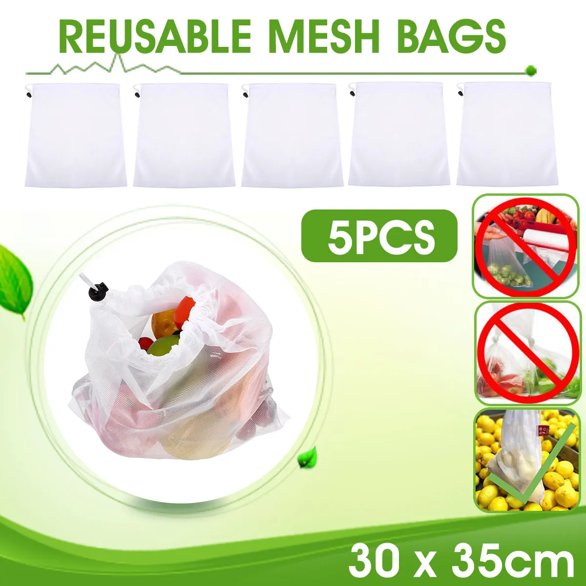 

5Pcs Reusable Mesh Produce Bags Washable Eco Friendly Bags for Grocery Shopping Storage Kitchen Fruit Vegetable Toys Sundries