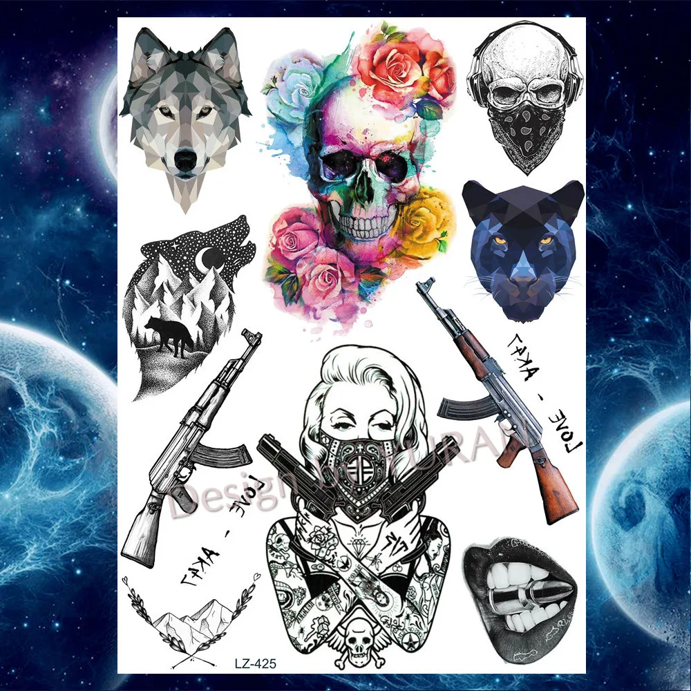 YURAN AK маска Гангстер дизайн пистолеты Череп пистолет волк временные татуировки наклейки для женщин мужчин поддельные черное оружие татуировки бумага