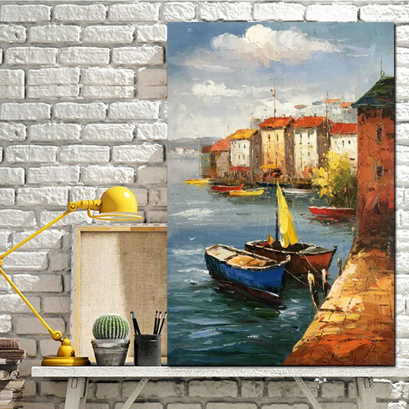 YWDECOR Hand Painted Seaport Village Canvas with boat Oil Paintings 60x90 cm Modern Abstract Wall Art Picute Postert Home Decor