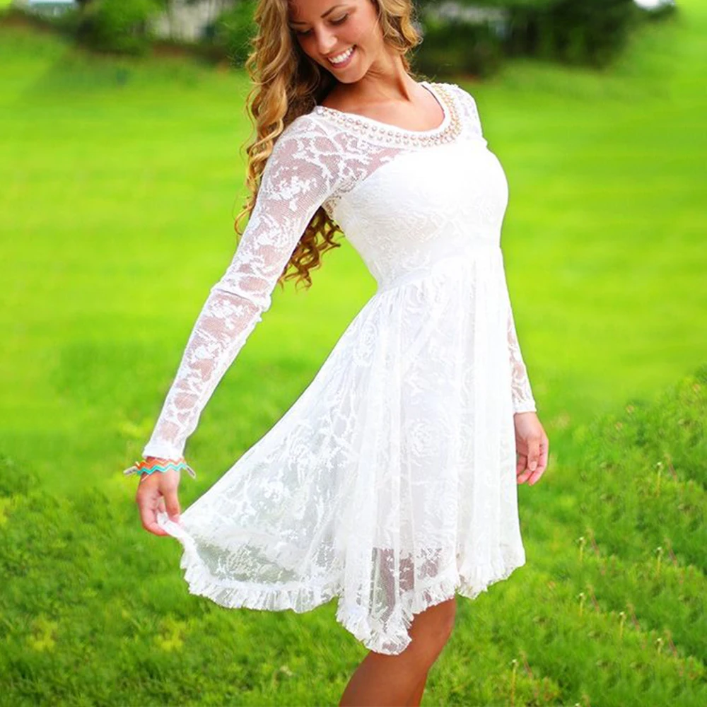 

Boho Lace Short Wedding Dresses White Long Sleeves Scoop Neck Beading Simple Modest Knee Length Gowns For Summer Beach Bride