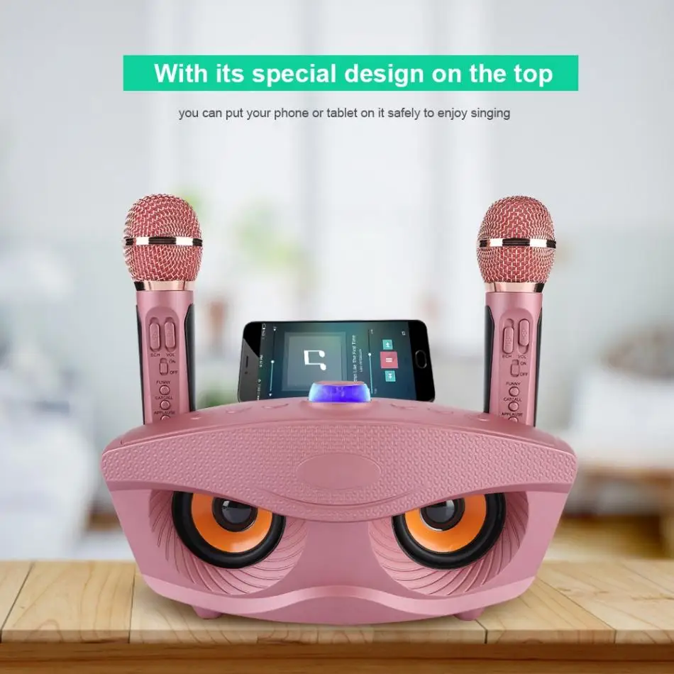 Karaoke Home System Wireless Bluetooth Speaker Machine Home 2 Karaoke Mircophones FM Radio Rose Gold Support TF Card and U Disk