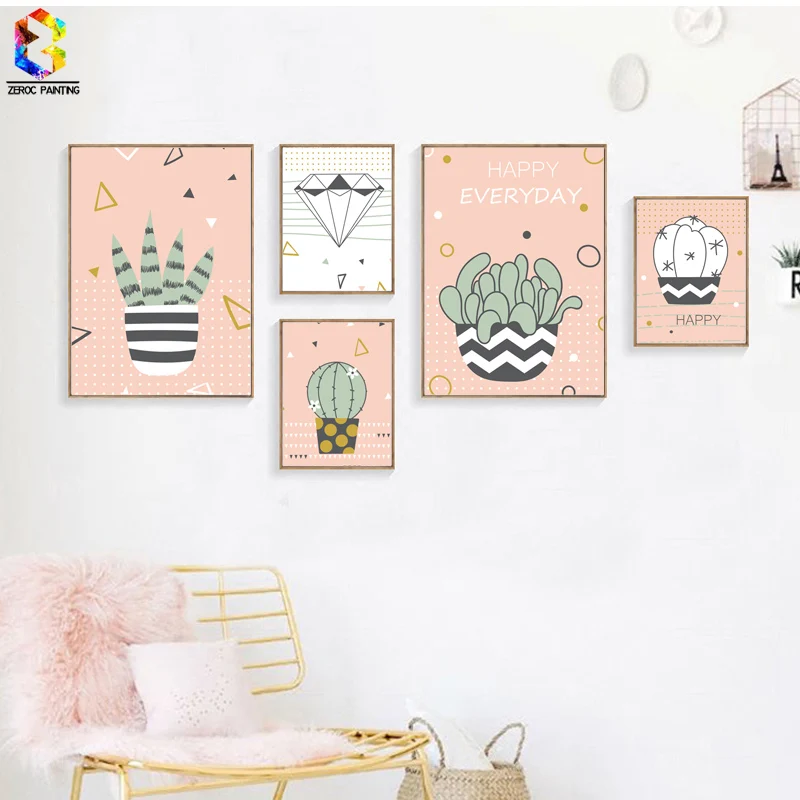 

ZeroC Pink Cactus Canvas Art Print Poster, Nordic Wall Picture for Girl's Room Decoration, Home Decor Succulent Plant Paintings