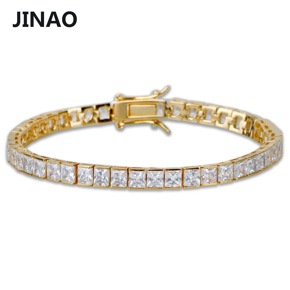 

JINAO 1 Row 6mm Hip Hop Bracelet Gold Silver Plated Micro Pave AAA Cubic Zirconia Iced Out Bling Box Chain Bracelet Men's Gift