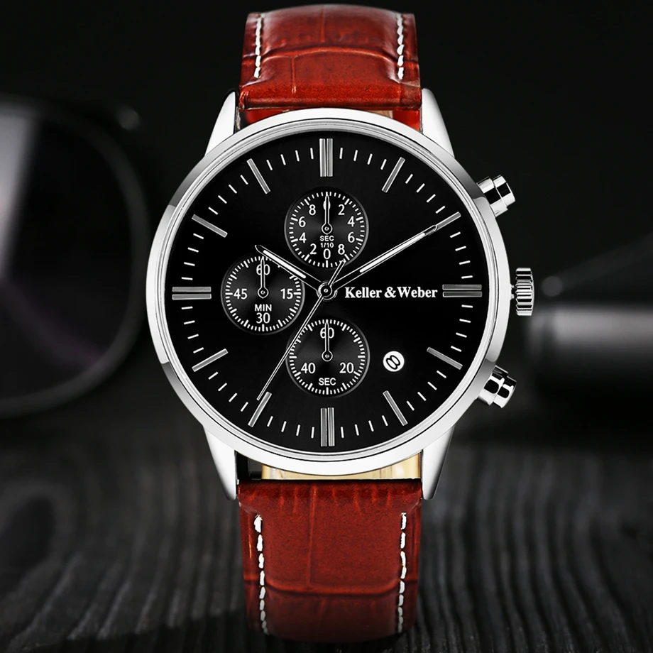 Keller & Weber Mens Watches 30m Waterproof Quartz Business Watches Date Display Genuine Leather Band Relogio Masculino Best Gift (10)