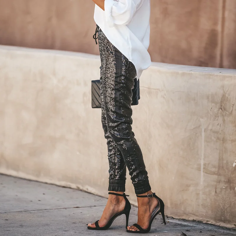 Высококачественные женские эластичные брюки из искусственной кожи с блестками, женские брюки с высокой талией и завязками размера плюс, облегающие брюки-карандаш