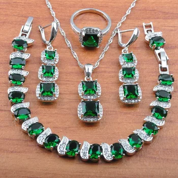 

Silver Color Natural Stones CZ Green Women Costume Jewelry Sets Long Dangle Earrings/Necklace/Bracelet/Ring Sets JS0420