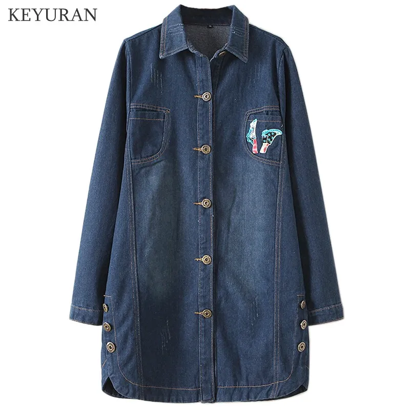 5xl, большие размеры, с принтом, джинсовые длинные пальто для женщин, осень, женская мода, новые куртки, Женская Джинсовая Верхняя одежда с длинным рукавом