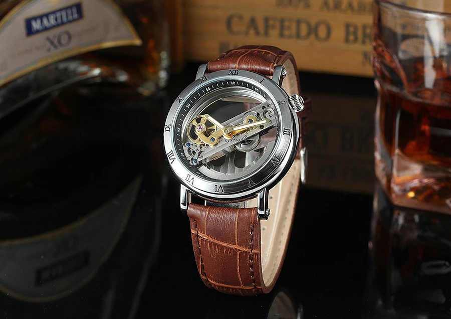Men Skeleton Leather Strap Wristwatch