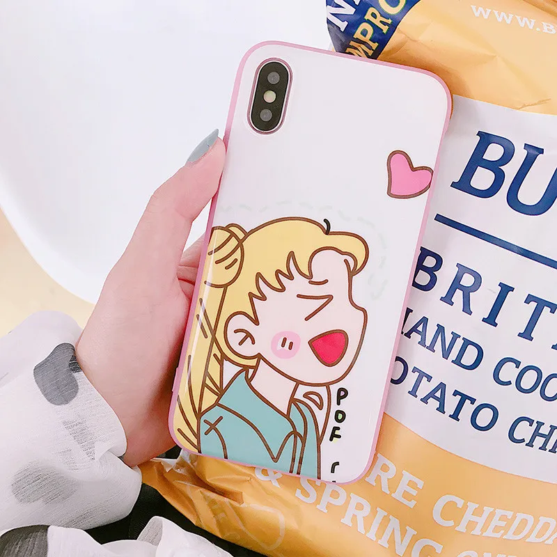Kawaii Pink Japanese Anime Cartoon Sailor Moon Phone Case For iPhone 6 6Puls 6S 7 8 Puls X Cases Tempered Glass Back Cover Coque |