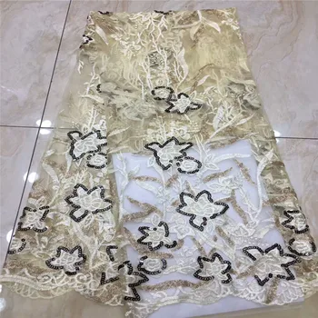 

High Quality Nigerian French Lace Embroidered Gold Line Tulle Lace Fabric For Wedding Dress 2019 African Lace Fabric xc2-47