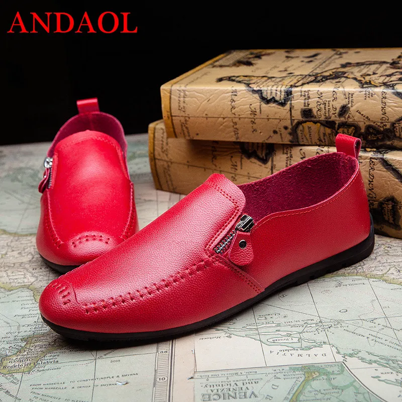 

ANDAOL Men's Leather Casual Shoes Fashion Soild Non-Slip Zip Light Designer Loafers New Luxury Bushiness Office Driving Shoes