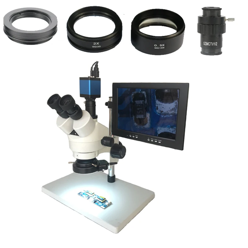 

Simul-focal Continue Zoom 3.5X 7X 45X 90X Trinocular Stereo Microscope+ HDMI/VGA microscope camera+10.1"LCD Monitor+1/2 adapter