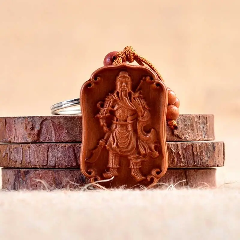 

Chinese Wood Carved Craft Kwan Guan Gong Yu Statue Sculptrue Key Chain Ring