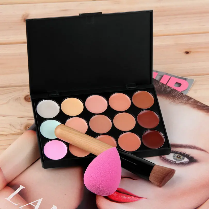 

15 Color Contour Face Cream Makeup Concealer Palette with Sponge Puff and Wooden Powder foundation Brush yks New beauty easy