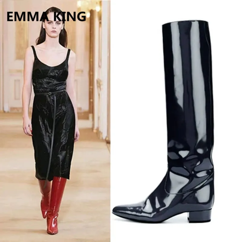 

2019 New Arrival Patent Leather Women Long Knight Boot Pointed Toe Slip On Chunky Heels Ladies Spring Shoes Woman Knee High Boot