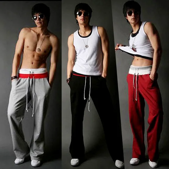 

Men's sports double waist lace-up pants solid color casual wide leg pants student running pants