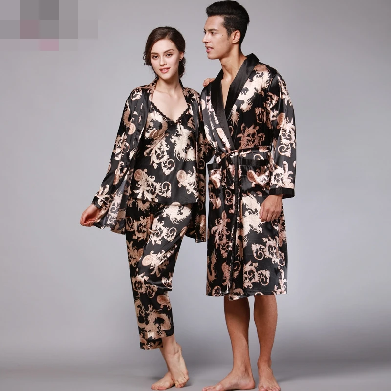 Новинка 2017 Бесплатная доставка Пара пижамы эмуляции шелк Для женщин Пижама длинный рукав Для мужчин Пижама v-образным вырезом сплошной