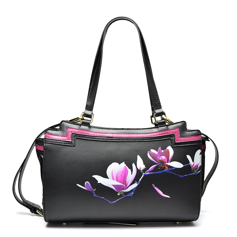 

100% Genuine Leather Women Top Handle Shoulder Messenger Bags Top Quality Printing Chinese Style Female Tote Cross Body Handbag