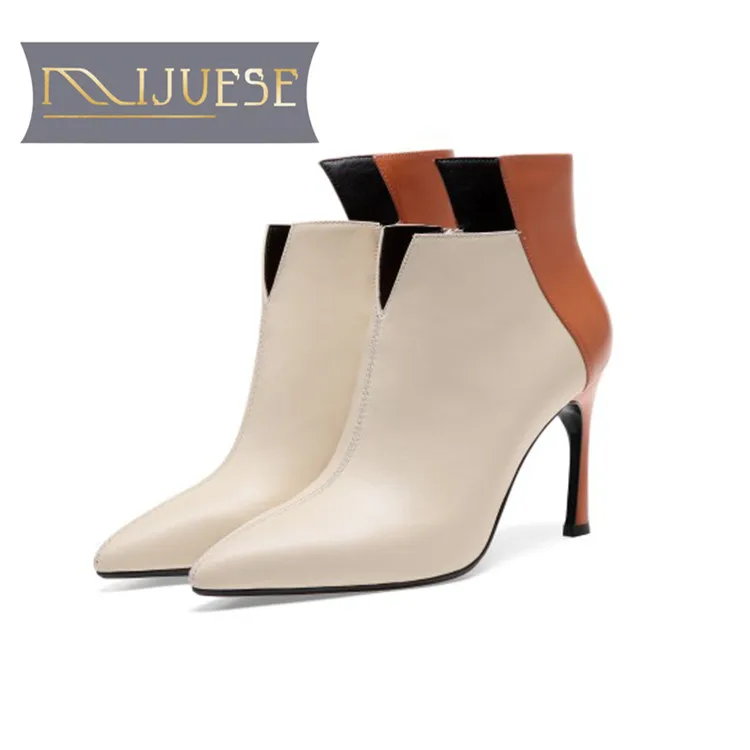 

MLJUESE 2019 women ankle boots cow leather mixed colors pointed toe autumn spring thin heel high heels women martin boots