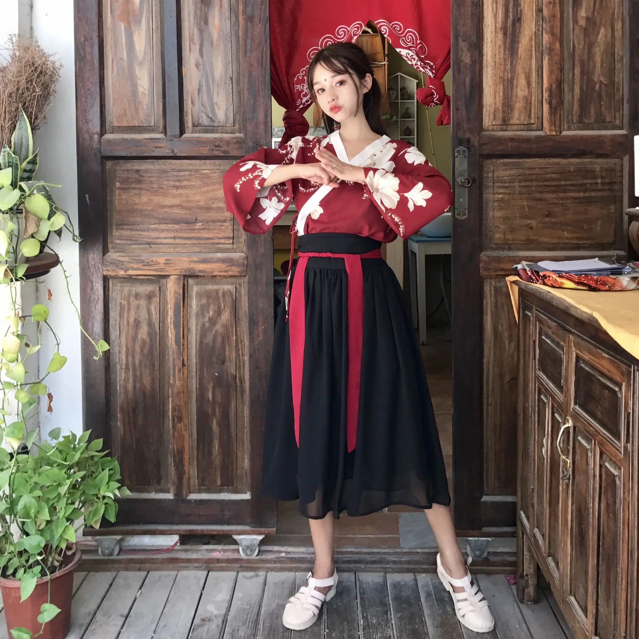 Женские вечерние платья в японском стиле ретро-кимоно с цветочным рисунком и длинными рукавами, летняя модная одежда, топ с бантом, юбка Haori для женщин