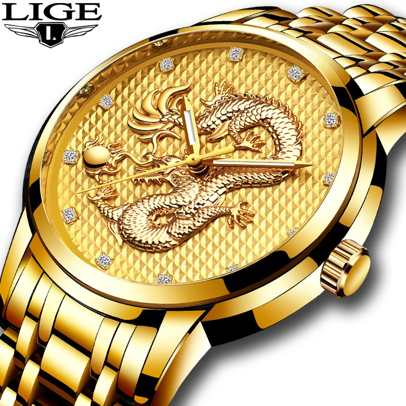 

Relogio Masculino Genuine LIGE Mens Watches Top Brand Luxury Gold Dragon Sculpture Quartz Watch Men Full Steel Wristwatch +box