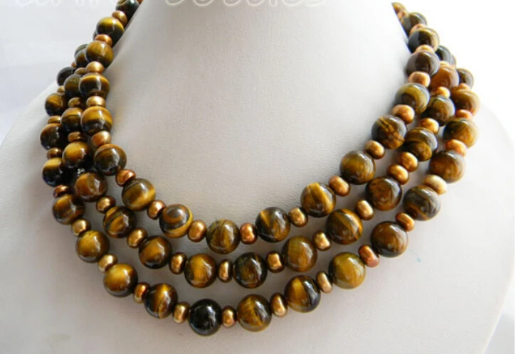 

FREE SHIPPING fast50'' 10mm Round Tiger'-eye Coffee Slice Freshwater Pearl Necklace HOT HOT sell