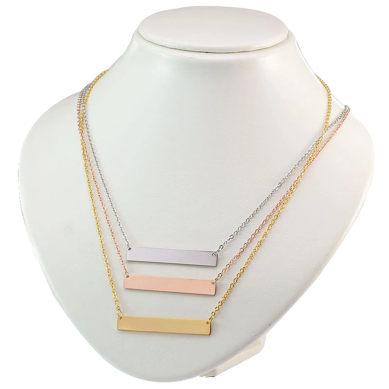 

50PCS/Lot Women's Silver Gold Rose Gold Tone Stainless Steel Blank Name Bar Charm Pendant Necklace W/Chain