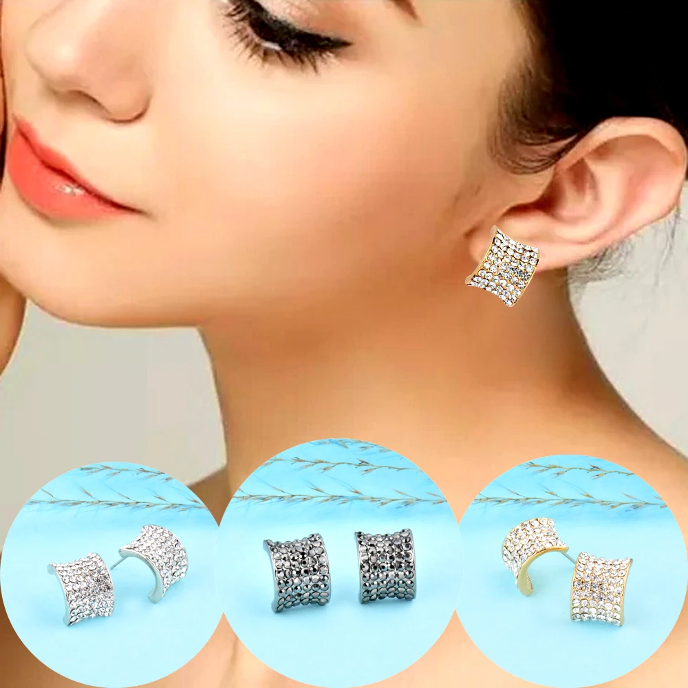 

SINLEERY Cute Semicircle Full Rhinestone Stud Earring Silver/Black /Gold Color Women Girl Jewelry Brincos ES049 SSD