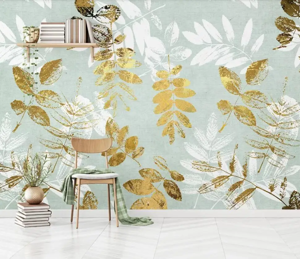 

Nordic contracted small pure and fresh aureate leaf setting wall decorates wallpaper mural