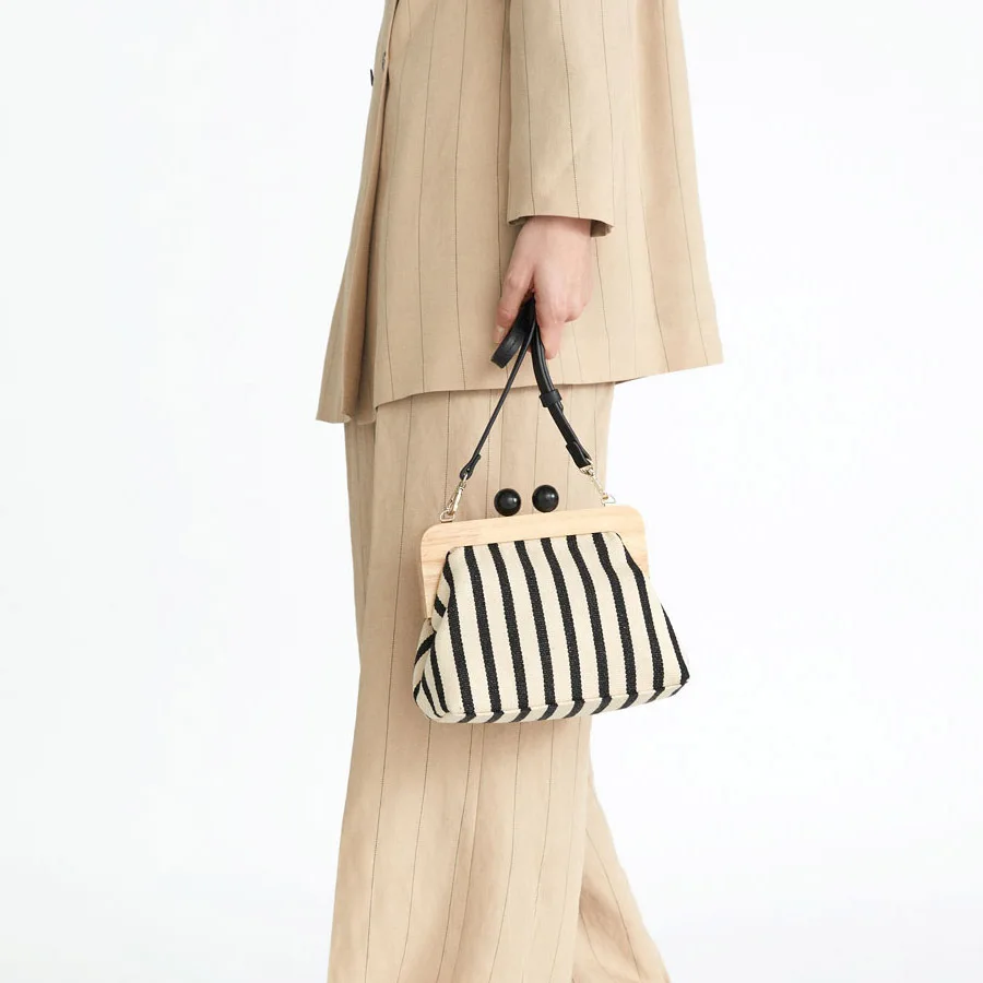 

Vintage Striped Wooden Clip Bags for Women Canvas Bead Shoulder Bag Crossbody Bags Clutch Purse Lady Designer Brands Bolsa Mujer