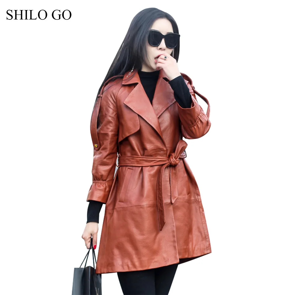 Тренч SHILO GO Женский из натуральной овчины длинный с отворотом и бантом на ремне