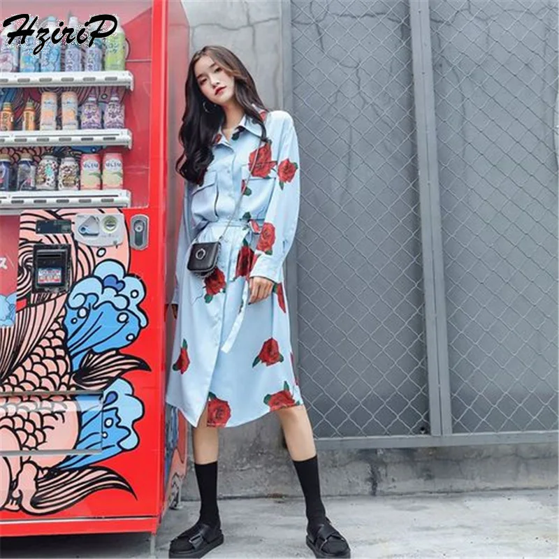 

HziriP Women New Elegant Long Shirt Dress 2018 Autumn Rose Print Long Sleeves Party Loose Dresses Vacation Knee-Length Vestidos