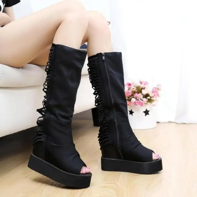 Printemps Plate Wsh358 De Bout Top Ouvert Femmes forme Bottes Chaussures Automne Genou Cales Dames Peep Toe Haute Pour rSgwrvq