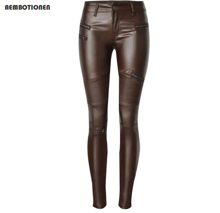 

Women's Brown Coated Jeans Skinny Stretch Low Waist Pants Motorcycle Biker Jeans Multi Zipper Punk Faux PU Leather Pencil Pants