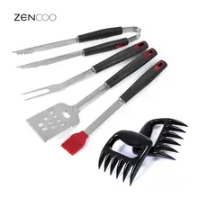 ZENCOO 4Pcs Stainless Steel BBQ Tools Set Including Tongs Spatula Brush Fork Barbecue Grill Tools Set for Picnic Party Home
