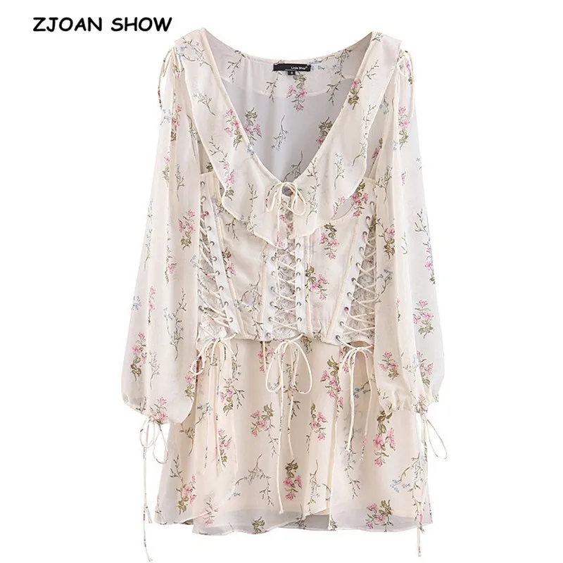 

2019 New Holiday Ruffle V neck Lacing up Bandage Lace Waist Floral Dress BOHO Women Tied Bow Long sleeve Dresses Femme Vestidos