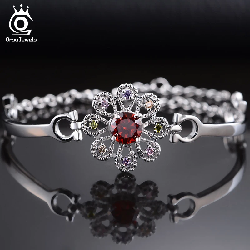 

ORSA JEWELS Silver Color Link Bracelet For Women Colorful AAA CZ Flower Shape Delicate Female Romantic Bracelets Jewelry OMB10