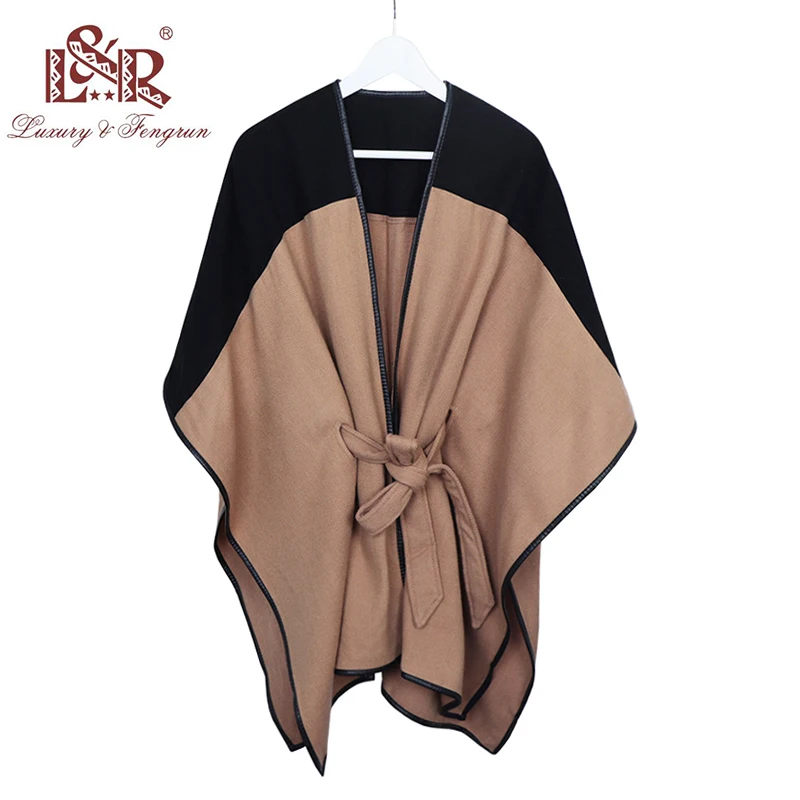 

2019 New Design Waistban Dess Winter Poncho for Women Ladies Cashmere Wool Ponchos Leather Hem Shawl Knitted Women Poncho Scarf